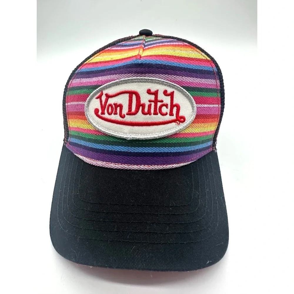Von Dutch Rainbow Striped Trucker Hat Black Mesh Snapback One Size Unisex USA